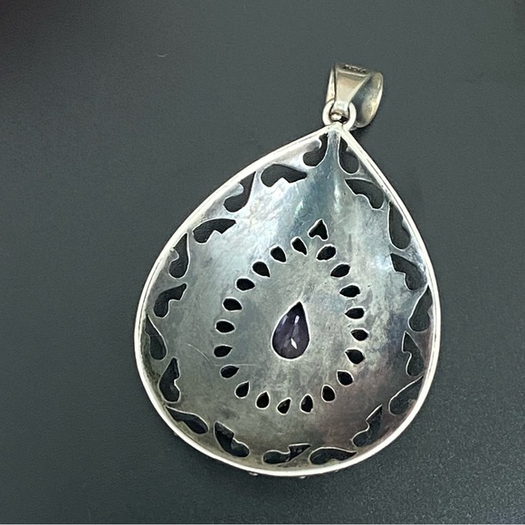 Vintage DP 925 Sterling Silver Filigree Bali Amethyst Large Teardrop Pendant 26g - Picture 15 of 16